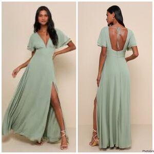 NWOT Lulus Promise of Love Sage Maxi Dress XL Flutter Sleeve $99 XL